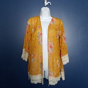Floral Mustard Kimono with Lace Trim Boho Swim Top Coverup.